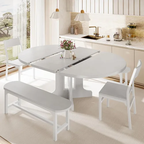 Miniatura 3 de iPormis Juego de mesa de comedor redonda de 5 piezas para 4-6, juego de mesa de comedor extensible de 59 pulgadas con 2 sillas ergonómicas y 2 Blanco