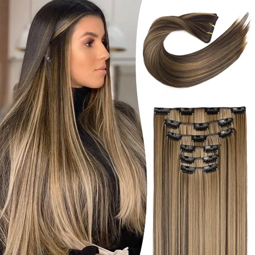 Miniatura 10 de LONAI 6 extensiones de cabello con clip, 24 pulgadas de largo, lacio, sintético, postizo para mujer, rubio ceniza natural