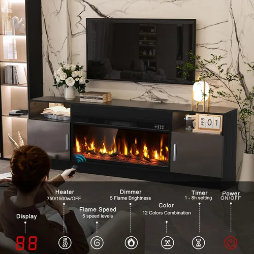 Miniatura 5 de Kucreiheat Soporte de TV negro con chimenea, luces LED, centro de entretenimiento para TV de hasta 80 pulgadas, consola de TV moderna para sala
