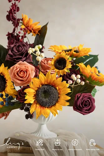 Miniatura 3 de Ling's moment Caja de Flores Falsas, Tallos de Follaje Artificial Falso, Rosas de Espuma, Bayas de Seda, Girasol, Flor de Tela para Centros de Mesa