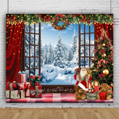 Telón de fondo de ventana de Navidad país de las maravillas 10x8 pies árbol de Navidad rojo para niños fotografía invierno nevado fondo de foto