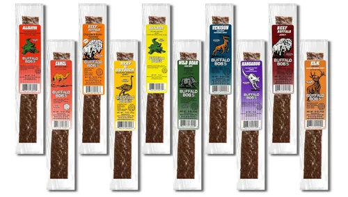 Buffalo Bob's Exótico surtido de carne seca - Paquete de variedad de 10 sabores - Carne seca de caza silvestre, snack para entusiastas de la