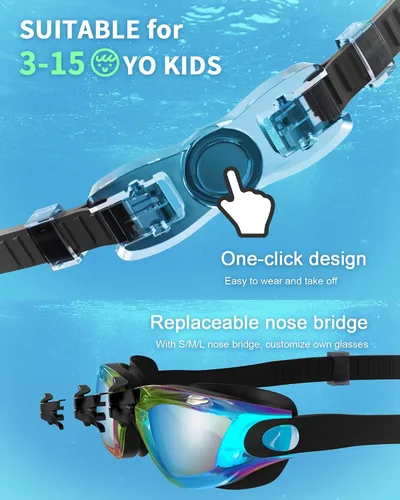 Miniatura 2 de gafas de natación para niños con pinza para la nariz, tapones para los oídos, puente de nariz para niños de 3 a 15 años Negro