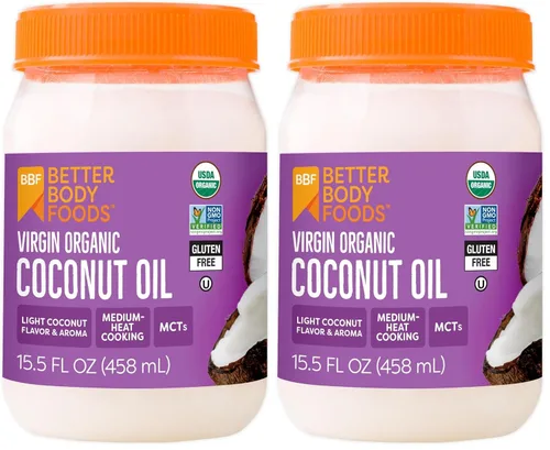BetterBody Foods Aceite de coco orgánico sin refinar, hidratante natural para el cabello y la piel y aceite de cocina, aroma y sabor ligero,