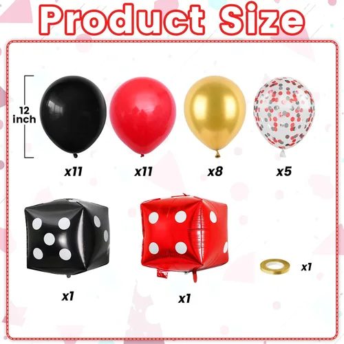 Miniatura 2 de Globos de Casino, Globos Metálicos Negros Rojos Dorados de 12 Pulgadas con Confeti y Dados de Lámina para Decoración de Fiesta Temática de Juego