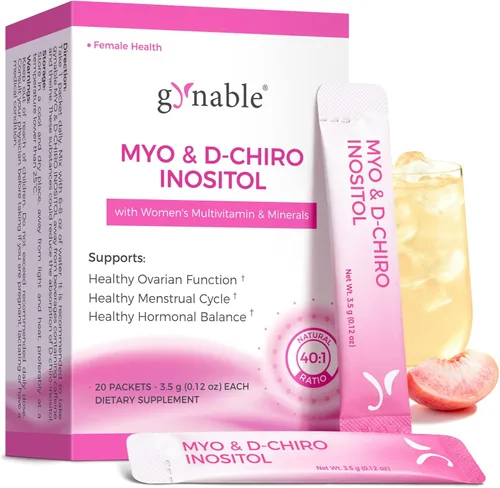 Gynable - Suplemento de mio-inositol y D-Chiro inositol para mujeres, proporción 40:1, paquetes de mezcla de bebida en polvo de melocotón, apoya