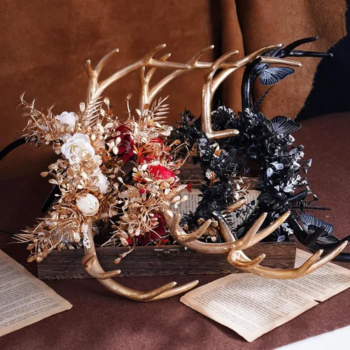 Miniatura 4 de MOSTORY Diadema hecha a mano con cuernos de flores doradas, diadema de cuernos de ciervo y bosque, diadema de reno floral para mujeres y niñas
