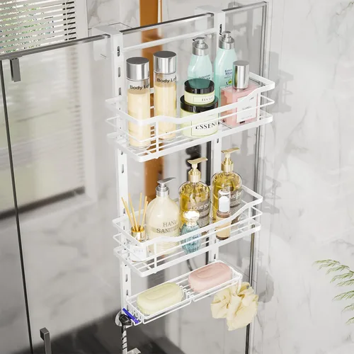 Miniatura 12 de SWTYMIKI Organizador de ducha ajustable de 3 niveles para colgar con soporte para jabón, estante de baño de acero inoxidable sin taladrar