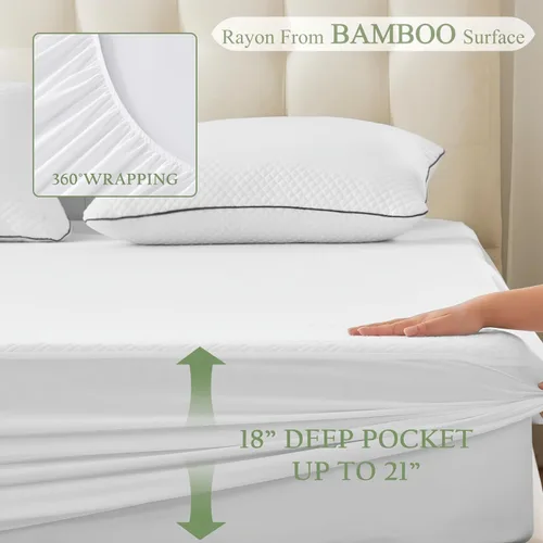 Miniatura 6 de Protector de colchón 100 % impermeable tamaño individual, funda de colchón de bambú y rayón transpirable con bolsillo de 8 a 21 pulgadas