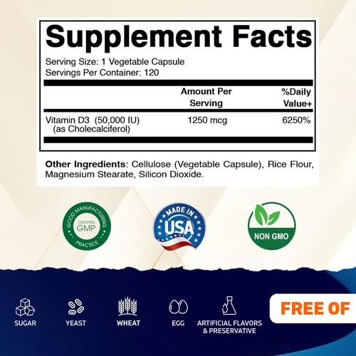 Miniatura 2 de Vitamatic Vitamina D3 50,000 UI (como colecalciferol), dosis semanal, 1250 mcg, 120 cápsulas vegetales, fórmula progresiva que ayuda a
