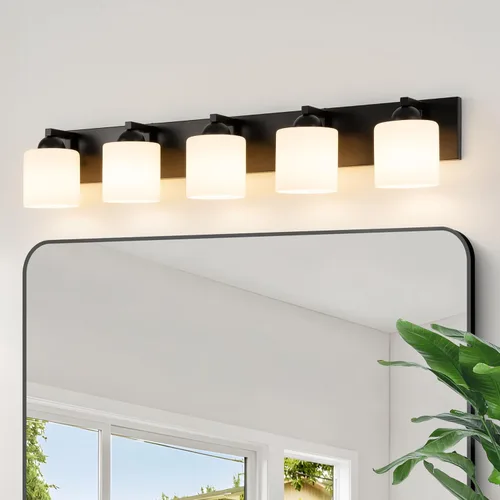 Miniatura 10 de mirrea Lámpara de tocador negra de 1 luz para espejo, aplique de pared de baño con pantallas de vidrio blanco esmerilado