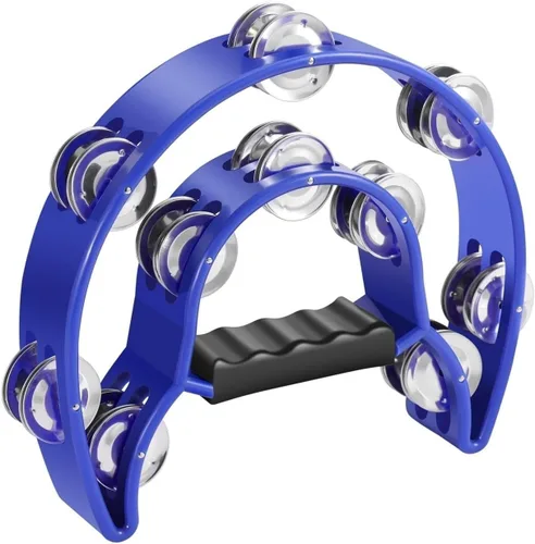 Miniatura 11 de Flexzion - Pandereta de metal en forma de media luna con sonajas de doble fila, instrumentos de percusión de mano con mango ergonómico, panderetas