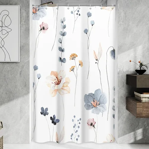 WITHLOC Juego de cortinas de ducha impermeables con ganchos - Plantas florales de acuarela azul beige, cortinas de ducha para baño, 54 x 72 pulgadas