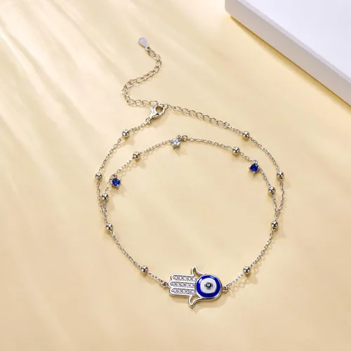 Miniatura 3 de Tobillera de plata de ley 925 ajustable de doble capa de ojo de diablo azul, protección espiritual, pulsera de tobillo de mano de Fátima