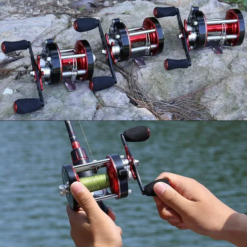 Miniatura 6 de Sougayilang - Carrete de pesca redondo, carrete convencional, cuerpo de metal reforzado y arrastre supremo de estrella Mano derecha-Rojo-Negro