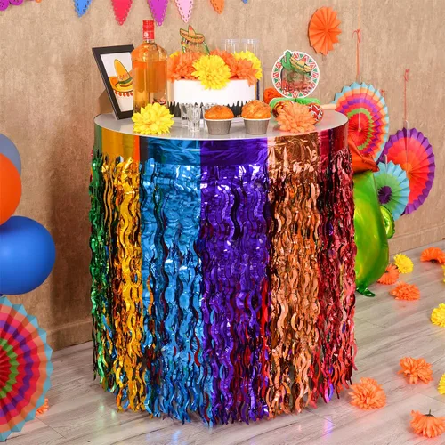 Miniatura 6 de Decoraciones de fiesta Mega-L, paquete de 2 decoraciones de fiesta de tacos Cinco de Mayo, faldas de mesa onduladas de oropel metálico con flecos