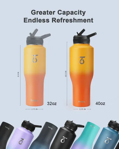 Miniatura 7 de Trebo Botella de agua aislada de 40 onzas que cabe en el soporte para tazas, botellas de acero inoxidable, vaso de metal de doble pared con tapas