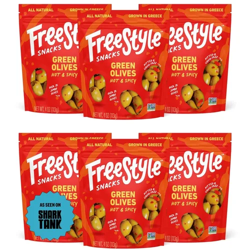 Freestyle Snacks Paquetes de aperitivos de oliva, como se vio en Shark Tank, aceitunas verdes frescas sin hueso, cultivadas en Grecia, totalmente