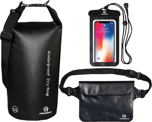 Freegrace - Juego de 3 bolsas secas impermeables, bolsa seca con 2 cierres y correa de hombro desmontable; bolsa de cintura y funda para teléfono,