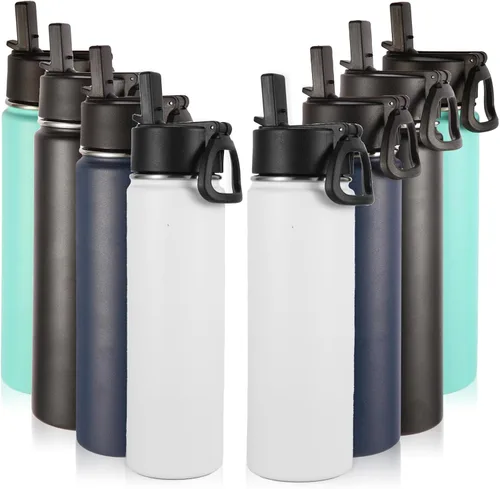 Miniatura 9 de Volhoply Botellas de agua aisladas con popote a granel, paquete de 4, botella deportiva de acero inoxidable de 22 onzas con tapa, vasos de agua