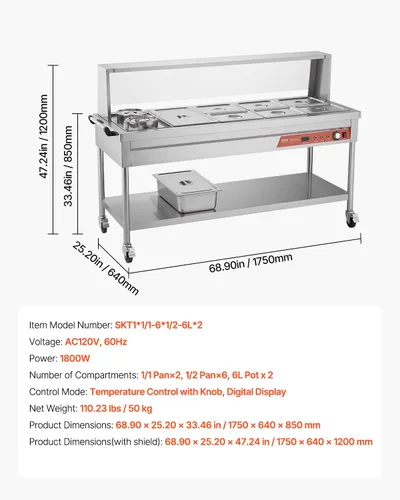 Miniatura 7 de VEVOR Calentador de Alimentos Eléctrico Comercial, 7 Bandejas + 2 Ollas Mesa de Vapor, 1800W Calentador de Alimentos Profesional para Buffet
