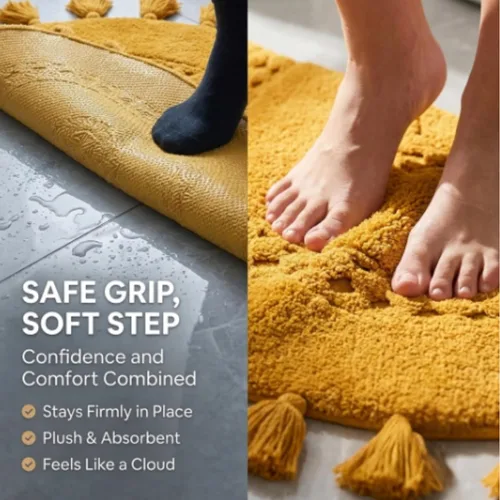 Miniatura 5 de Alfombras de baño bohemias, alfombra de algodón de medio círculo con inserto de ganchillo, borlas y parte trasera antideslizante, tapete de baño