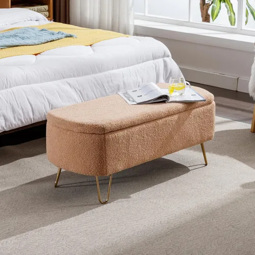 Miniatura 11 de TTK Otomana con almacenamiento para dormitorio, moderno banco otomano de piel sintética con patas de metal dorado, banco de entrada largo de sherpa