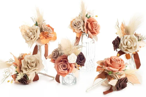 Miniatura 8 de Ling's moment Juego de 6 mini ramos de flores de boda color burdeos y negras para dama de honor, prefabricados, pequeños, florales, granate