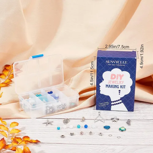 Miniatura 6 de SUNNYCLUE 1 caja de 270 piezas de kit de fabricación de pulseras con tema oceánico, cuentas de cristal coloridas de 0.236 in, tortugas, sirenas
