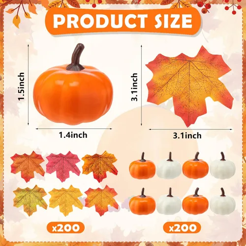 Miniatura 2 de Thyle 400 piezas de decoración de otoño a granel, 200 mini calabazas falsas y 200 piezas de hojas de otoño, juego de calabaza artificial