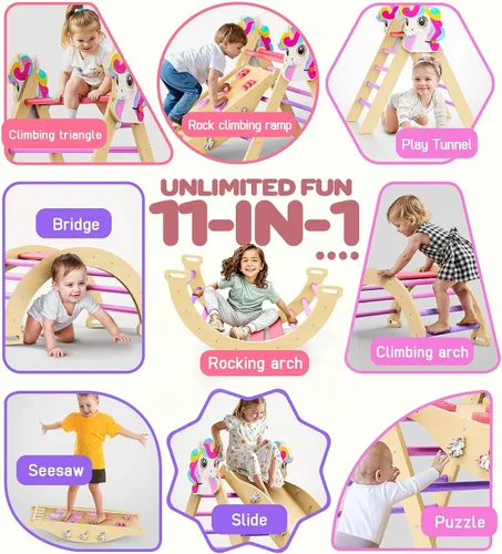Miniatura 4 de Pikler - Juego de triángulos 11 en 1, juguete Montessori de escalada para niños pequeños, plegable de madera para interiores, gimnasio y escalador