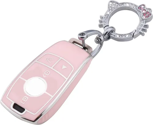 Miniatura 27 de Pangpai Funda de Llavero Rosa para Mercedes Benz, Protección de Funda de Llave de TPU Suave con Llavero Brillante Compatible con Clase C E S M CLS