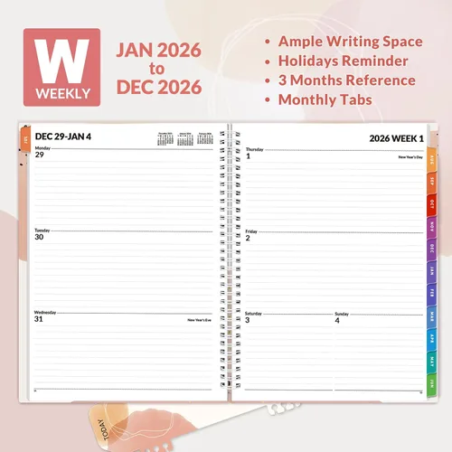 Miniatura 2 de SUNEE Agenda semanal y mensual 2026, de enero de 2026 a diciembre de 2026, agenda diaria con pestaña mensual, cubierta flexible, páginas de notas