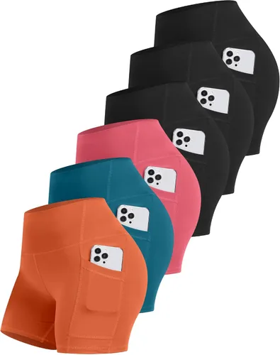 Miniatura 7 de CHRLEISURE - 6 paquetes de pantalones cortos de mujer estilo biker con bolsillo, pantalones cortos de elastano de control de abdomen de 5 pulgadas
