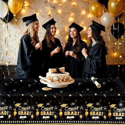 Miniatura 4 de KatchOn Mantel de graduación extragrande de 54 x 108 pulgadas, paquete de 3, decoraciones de graduación 2026, mantel de graduación negro y dorado