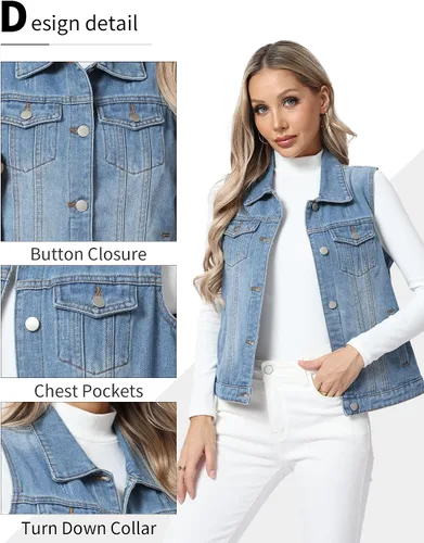 Miniatura 64 de Xeoxarel Chaleco de mezclilla para mujer, chaqueta vaquera sin mangas (XS-XXL)