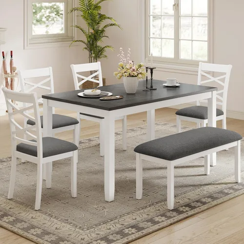 Miniatura 19 de Zevemomo Juego de mesa de comedor de madera maciza de 6 piezas, incluye 1 mesa de comedor, 4 sillas tapizadas y 1 banco, juego de mesa de comedor