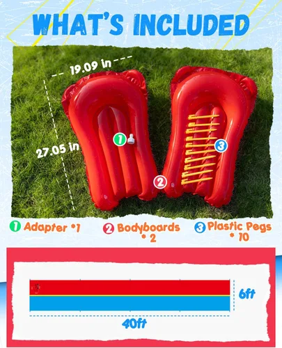 Miniatura 6 de Spring Water Tobogán acuático de 40 pies para patio trasero de niños, tobogán acuático extra largo de 2 carriles con rociador, toboganes acuáticos