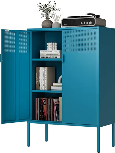 Miniatura 19 de Ustamio Gabinete de Almacenamiento de Metal Ancho Negro con Casillero, Gabinete de Acento de 2 Puertas para Hogar y Oficina, Gabinete de Metal Bajo