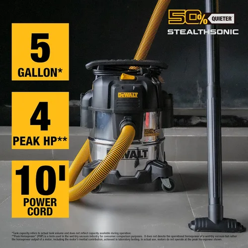 Miniatura 2 de DEWALT STEALTHSONIC - Aspiradora para tienda en seco y húmedo de 5 galones, 4 HP con 6 bolsas de polvo, ultra silenciosa, de acero inoxidable