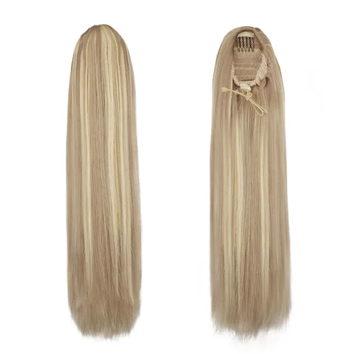 Miniatura 2 de BARSDAR Extensión de cola de caballo corta y recta - Extensiones de pelo con cordón de 16 pulgadas, rubio para mujeres - Extensiones de pelo Rubio