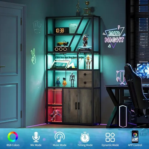 Miniatura 4 de GarveeHome Gabinete de bar de vinos con luces LED, estación alta de barra de café con tomas de corriente y estante de vino, soporte de microondas