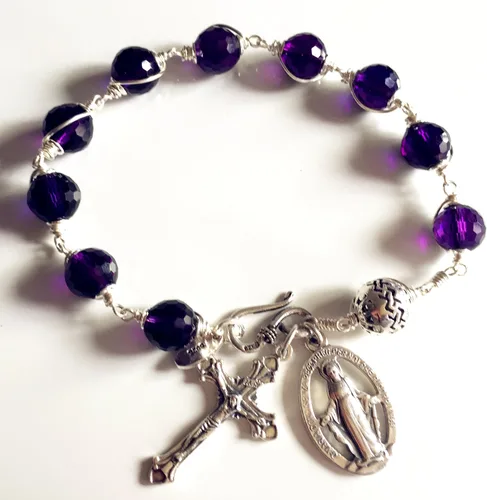 Miniatura 4 de Eleganantmedical Hecho a mano natural 10MM amatista cristal Bali cuentas de plata de ley Cruz rosario católico pulsera regalo caja