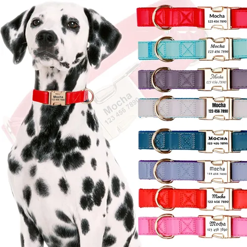 Miniatura 7 de Custom Large Dog Collar Solid Color Personalized Pet Collar Leather & Nylon Puppy Dogs ID Collars Engraved Name for Small Medium Large Dog