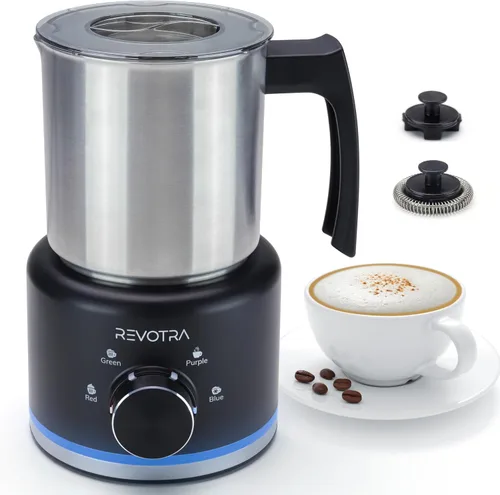 Espumador de Leche y Vaporizador, 500ml 4-en-1 Espumador Eléctrico con Control de Dial e Indicador LED, Espumador de Leche Caliente y Fría, Acero