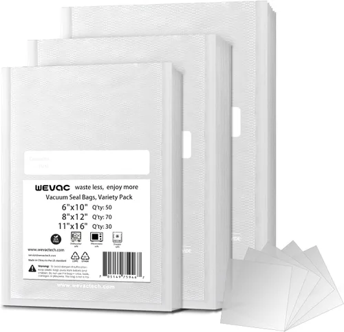 Wevac - Bolsas selladoras al vacío de 6" x 10", 8" x 12" y 11" x 16", 150 unidades, para Food Saver, Seal a Meal, Weston, grado comercial, sin BPA,