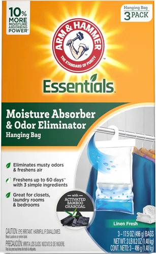 Arm & Hammer Essentials - Absorbedor de humedad colgante y eliminador de olores, 17.5 onzas, paquete de 3, lino fresco, absorbentes de humedad para