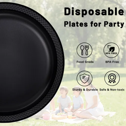 Miniatura 6 de WELLIFE Platos de plástico negro de 7 pulgadas, 50 unidades, platos desechables para fiestas de Año Nuevo, platos pequeños de postre para cena