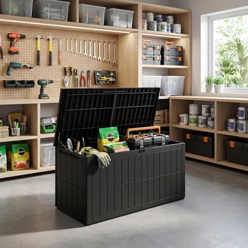UDPATIO Caja de cubierta de 100 galones, caja de almacenamiento para exteriores, resina impermeable con cerradura, contenedor de almacenamiento para