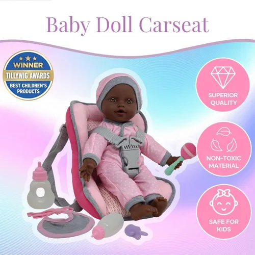 Miniatura 2 de Juego de Viaje de Muñeca Afroamericana - Mochila Portabebés de Asiento de Carro con Muñeca de Cuerpo Suave de 12 Pulgadas Incluye Biberones
